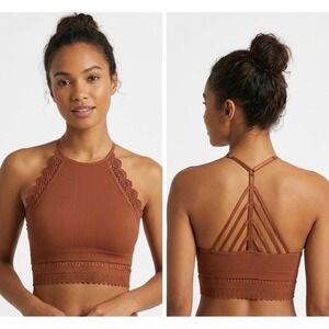 RAJ Rust Brown Ribbed Crochet Lace Halter Bralette Cage Back Crop Top Small